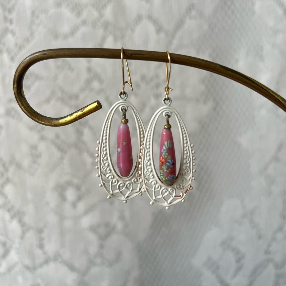 Vintage Hand-Painted Pink Floral Filigree Earrings - Picture 2 of 11